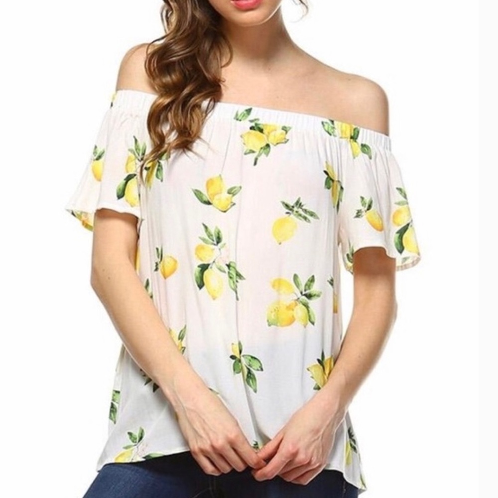 Off the shoulder lemon print top